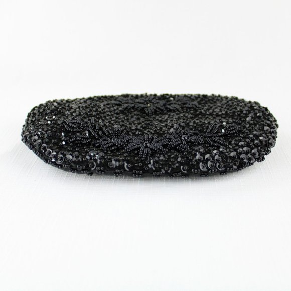 Vintage Black Beaded Purse Kiss Clasp Pouch Purse Frame Serpent Chain Gold PU30 - Picture 5 of 11